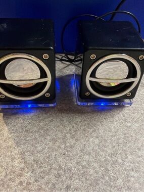 ONN Black LED Mini Desktop Speakers - Portable Computer Audio Blue Illumination